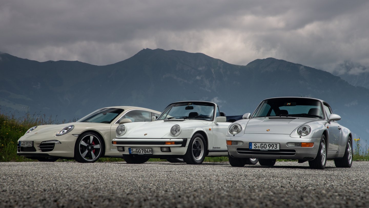 v.: Porsche 911 (993) Carrera (1997), m.: Porsche 911 Carrera 3.2 Cabriolet («G-Serie», 1984), h.: Porsche 911 (991) Carrera Coupé Sondermodell «50 Jahre Porsche 911» (2013), Schweiz, 2018, Porsche AG