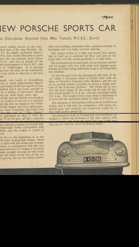 Testbericht des Porsche 356 001 in The Motor (GB), 1948, Schweiz, 2018, Porsche AG