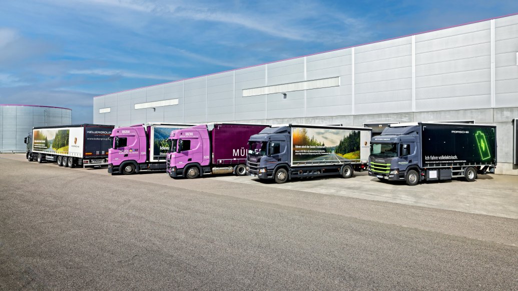 Two electric trucks, biogas-powered truck and truck with synthetic fuels (re-Fuels), r-l, 2024, Porsche AG