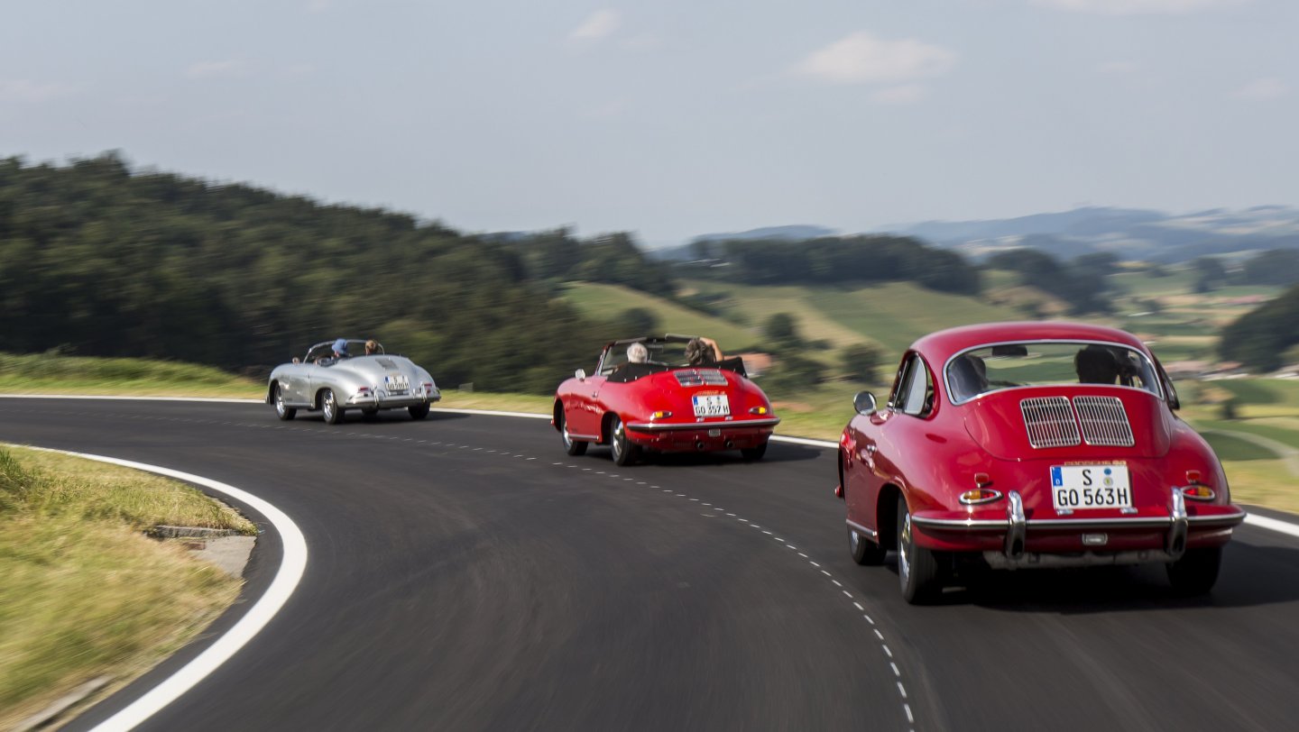 Porsche 356 A 1600 Super Speedster (1958), Porsche 356 B 2000 GS Carrera 2 Cabriolet (1962), Porsche 356 B 1600 Super 90 Coupé (1963), Bern, 2018, Porsche AG