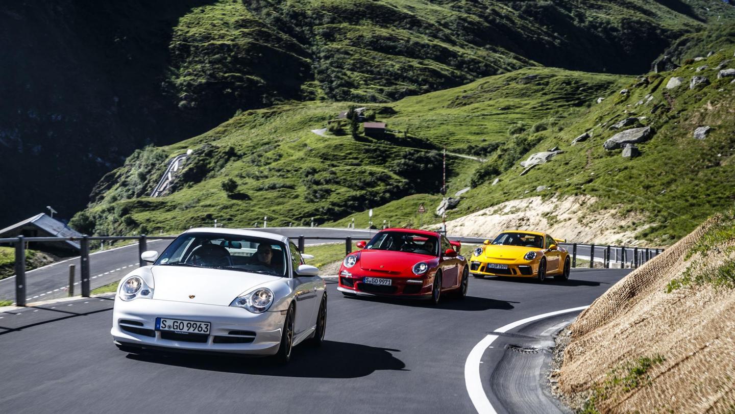 Drei 911 GT3 (996.2, 997.2, 991.2) - racinggelb - indischrot - Fronthaube - Frontspoiler - Sicken - Lufteinlässe - Hauptscheinwerfer - Schweiz - 2019