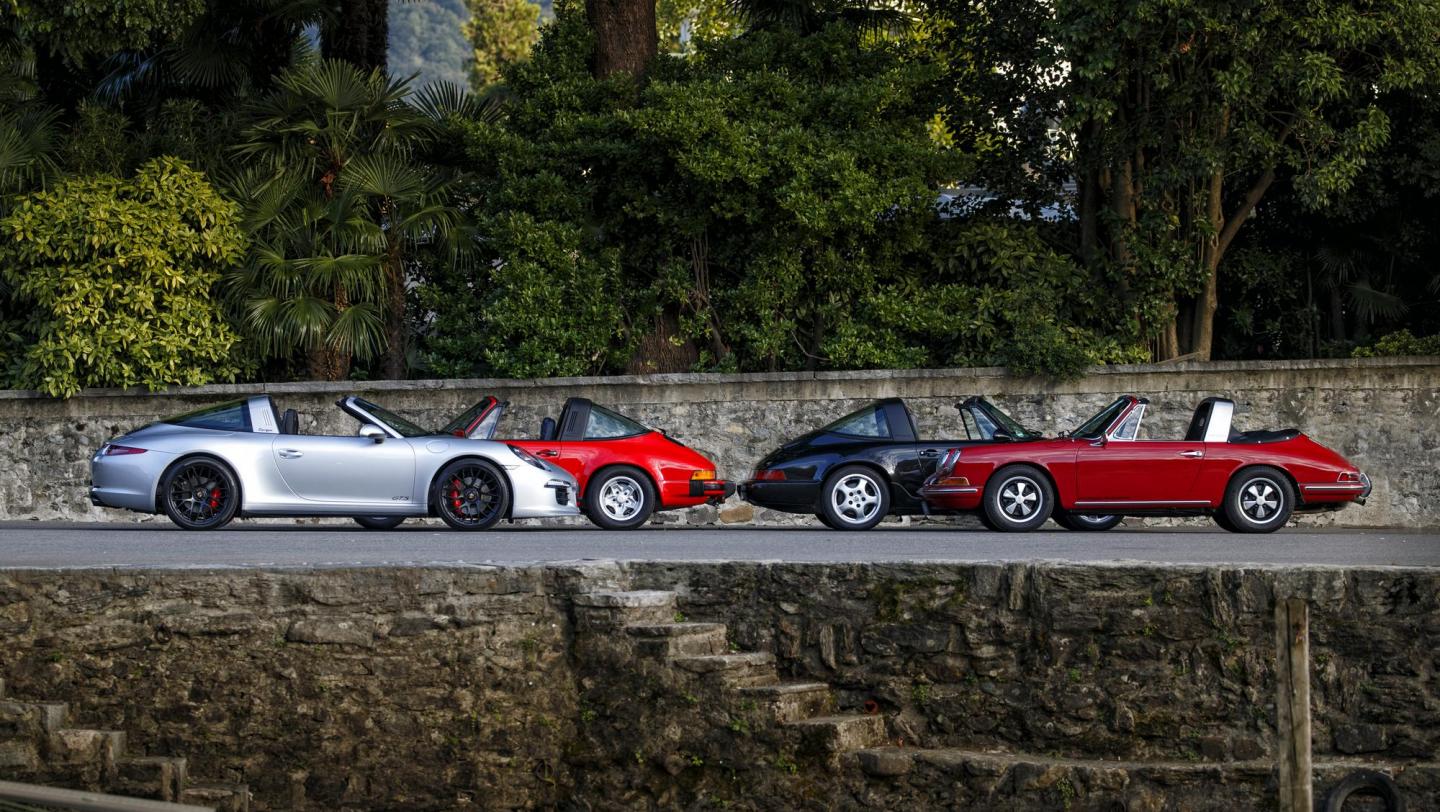 50 Jahre Porsche 911 Targa - Gruppe Targa - Vier Generationen - silber (2015) - schwarz (1993) - indischrot (1981) - karminrot (1967) - Seite - Schweller - Seeufer -  Tessin - Sommer - 2015